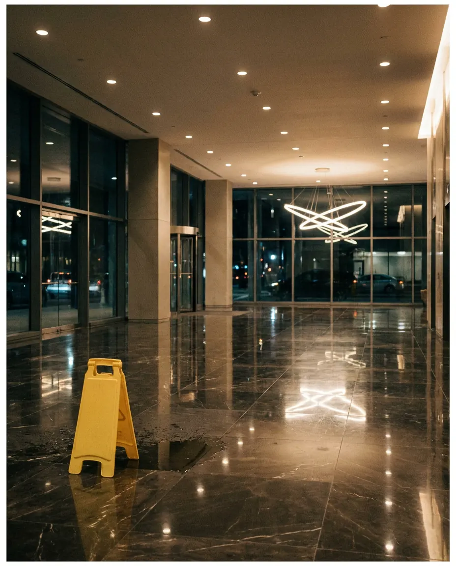 Marble lobby floor at night, freshly mopped, with a caution sign to one side