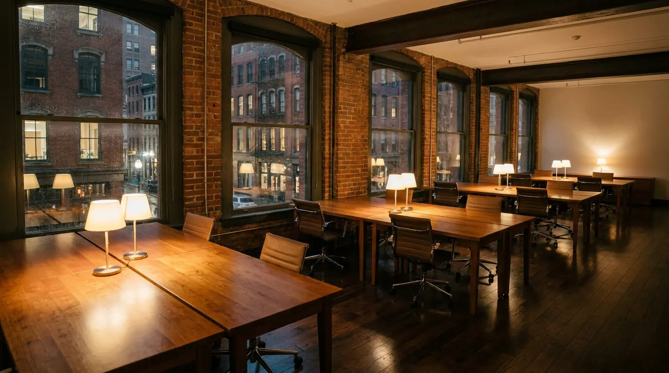 Office in a historic brick building at night with desk lamps on and clean hardwood floors