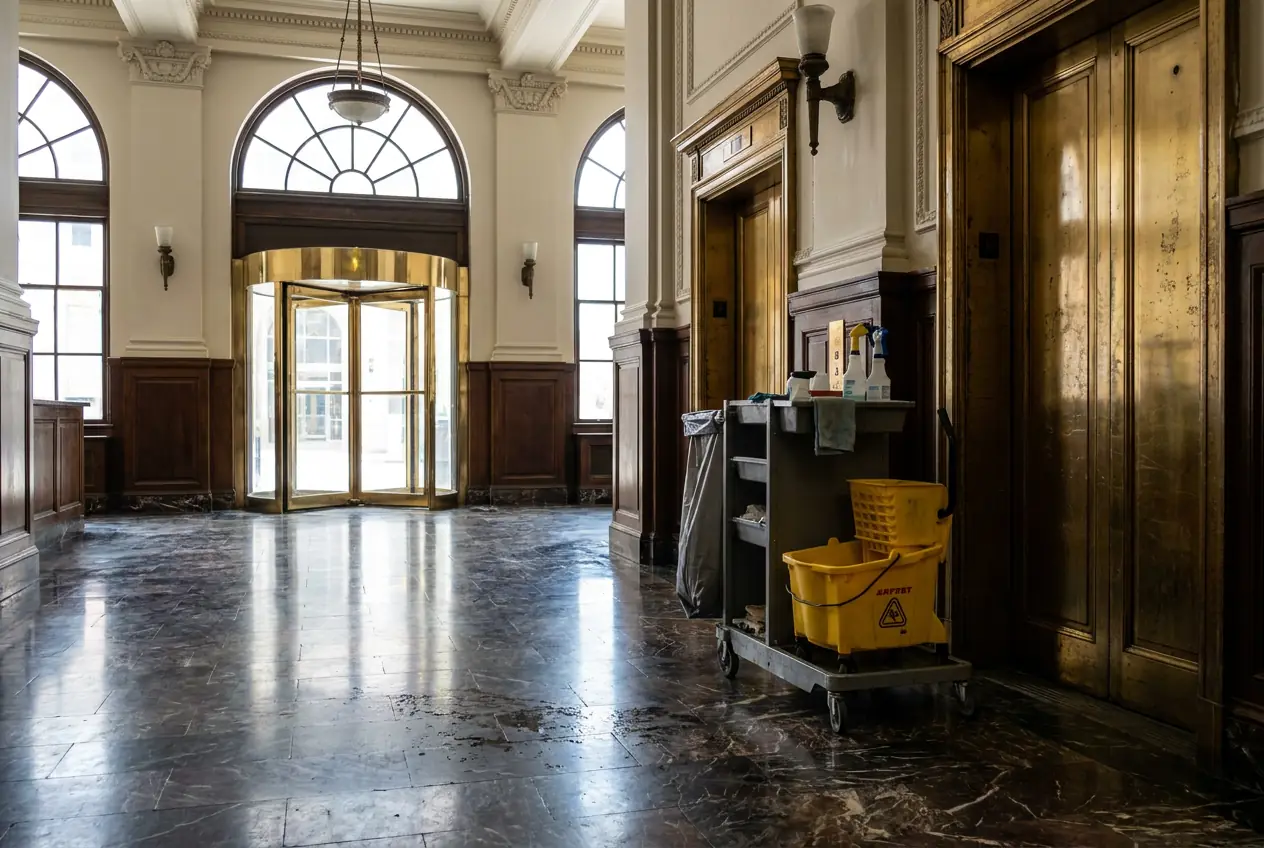 Daytime historic lobby with a porter cart and freshly mopped marble
